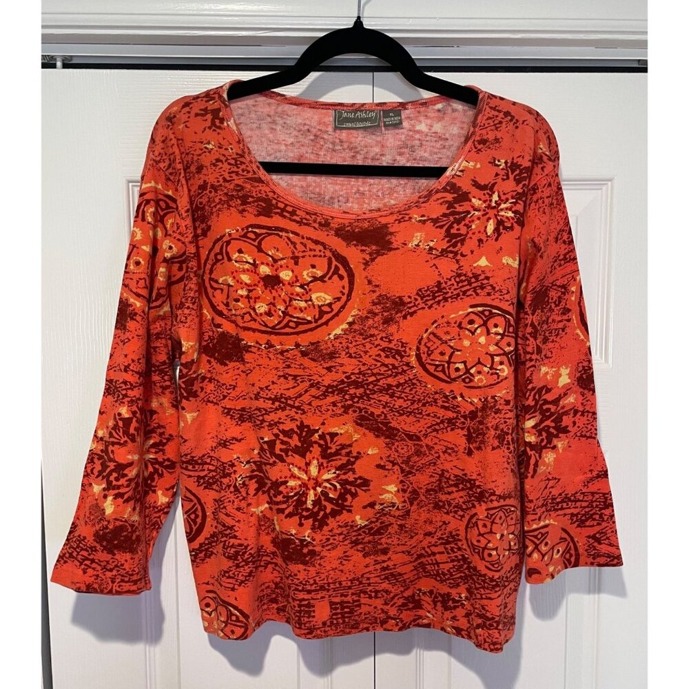 Vtg Jane Ashley‎ Womens Abstract Beaded Long Sleeve Top Size XL 90s Artsy Unique